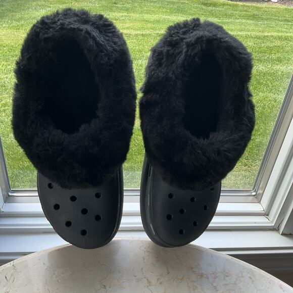 Crocs Furever Crush Black fur Lined chunky Clogs Mens size 8 womens size 10 fur - Picture 6 of 16